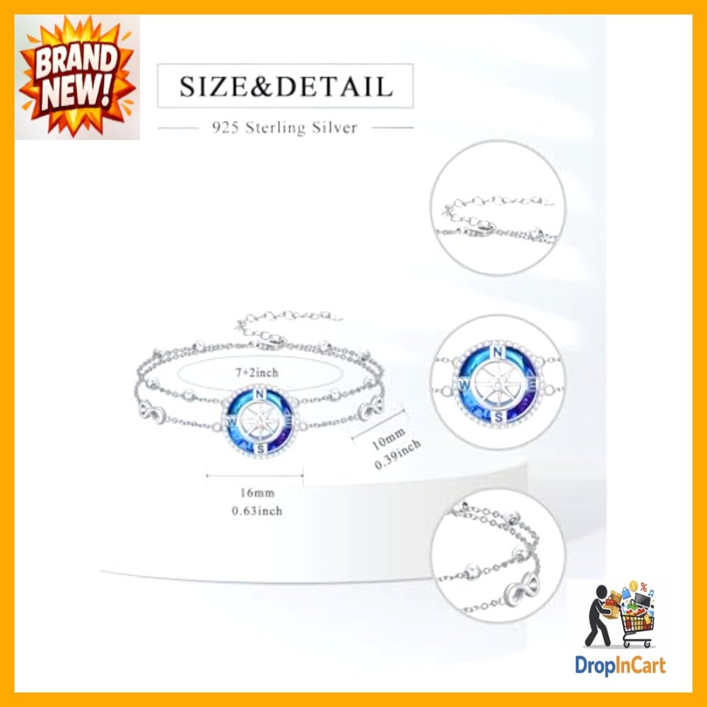 Sterling Silver Adjustable Anklet Compass Crystal… - image 4